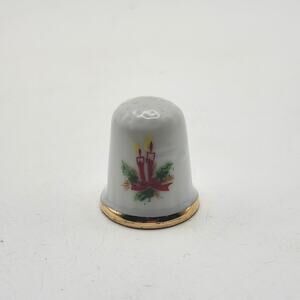 Vintage Enesco Japan Porcelain Christmas Thimble Candles Holly Gold Trim Mini